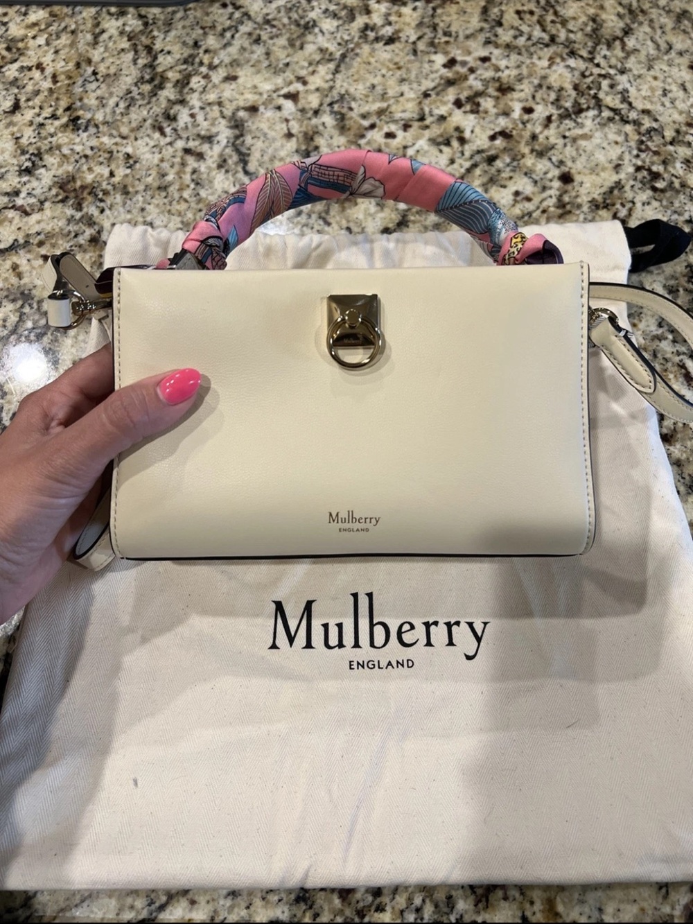 Mulberry Cream Leather Shoulder Bag with Printed Scarf Handle